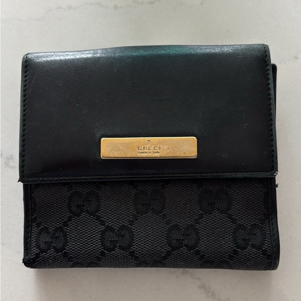Authentic Gucci Black Canvas & Leather Bifold Wallet with Gold Plaque